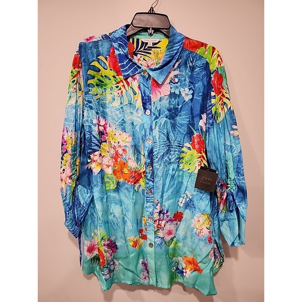 John Mark NWT Blouse Womens 2X Blue Floral Button-up Cinch Sleeve Boho Tunic New